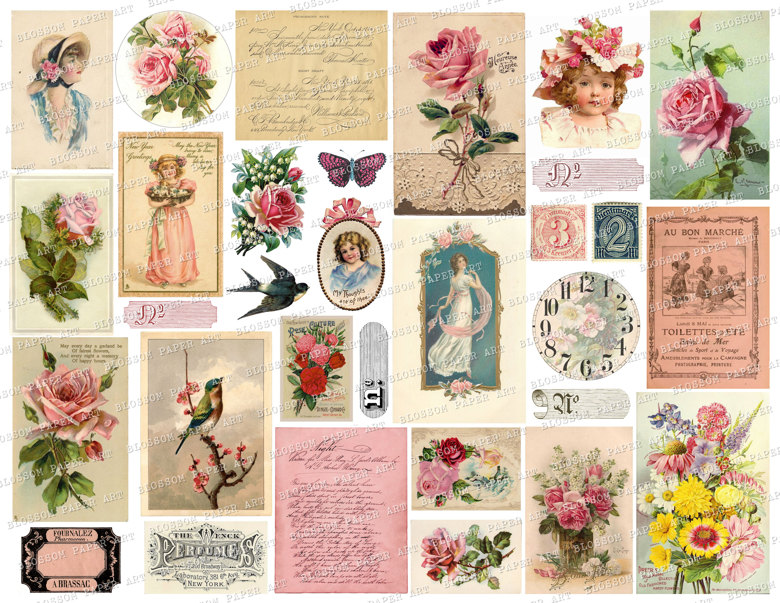 Vintage Rose Paper Pack 8.5 X 11 Inches Printable Collage -    Printable collage sheet, Digital scrapbook paper, Digital collage sheets