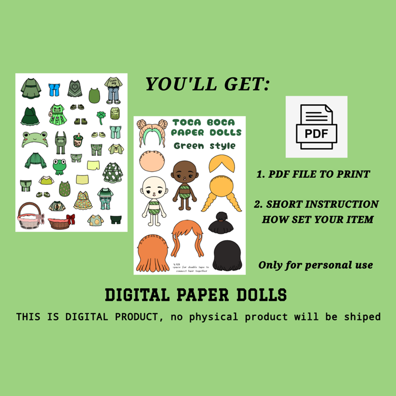 Printable Toca Boca Paper Doll Green Style / Dress up Doll / 