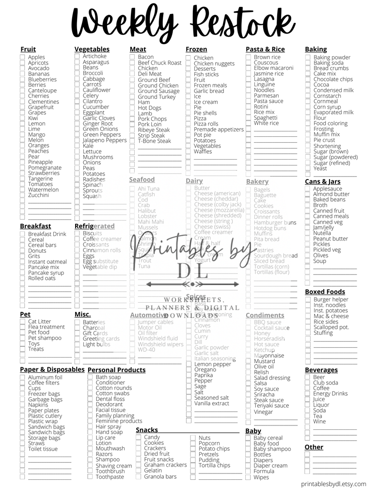 Master Grocery List Printable | Weekly Restock | Instant Download - MK ...