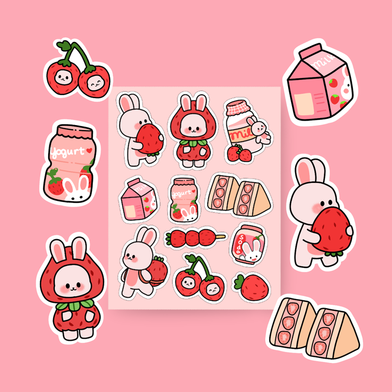 Cute Strawberry Bunny Sticker Sheet - Satchiillustrate's Ko-fi Shop ...