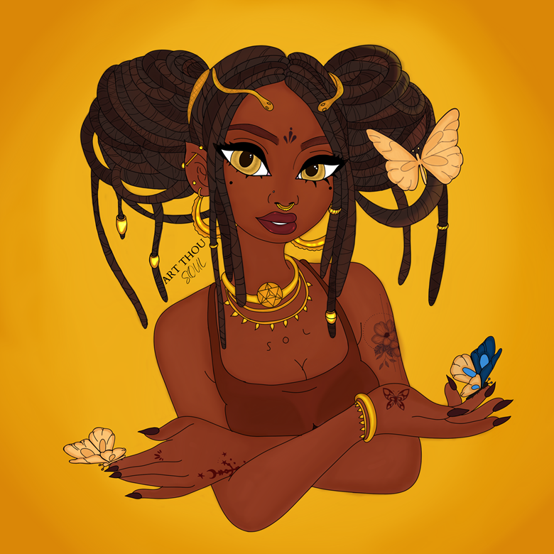 Black Woman Digital Art, Yellow Girl Clipart, Butterflies.