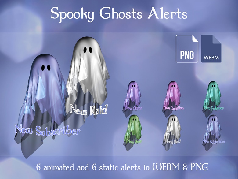 Cute Spooky Ghost Animated Alerts, Horror Twitch Stream Overlays