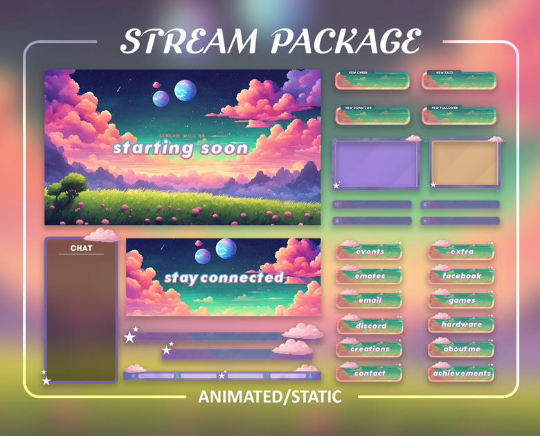 Vibrant Twitch Overlay Package For Obs Vtuber Animated Space Bubblegum 