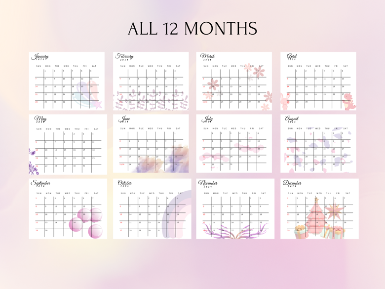 Pink & Purple Printable Calendar 2024 Monthly Planner - AizyShop's Ko ...