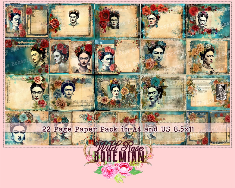Frida Kahlo Esc Paper, Red, Navy and Turquoise Grunge Paper