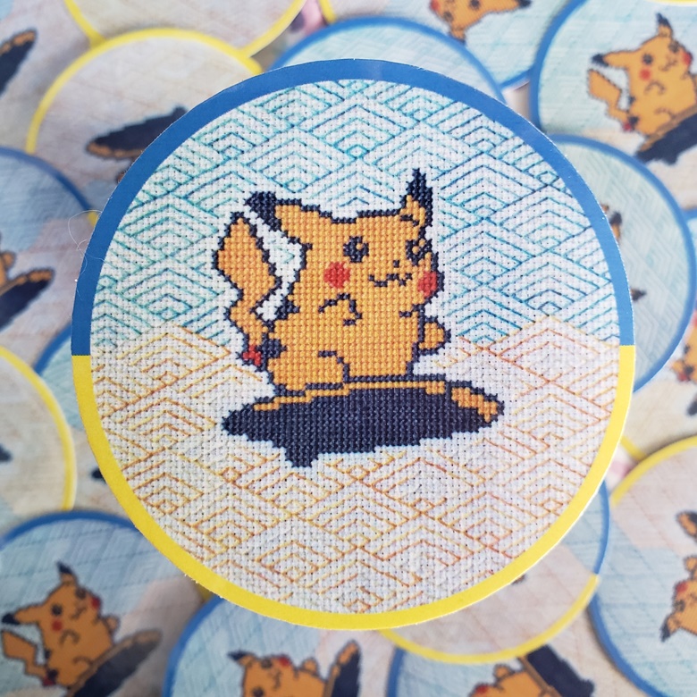 Surfing Pikachu - Embroidery sticker - shina2b's Ko-fi Shop - Ko
