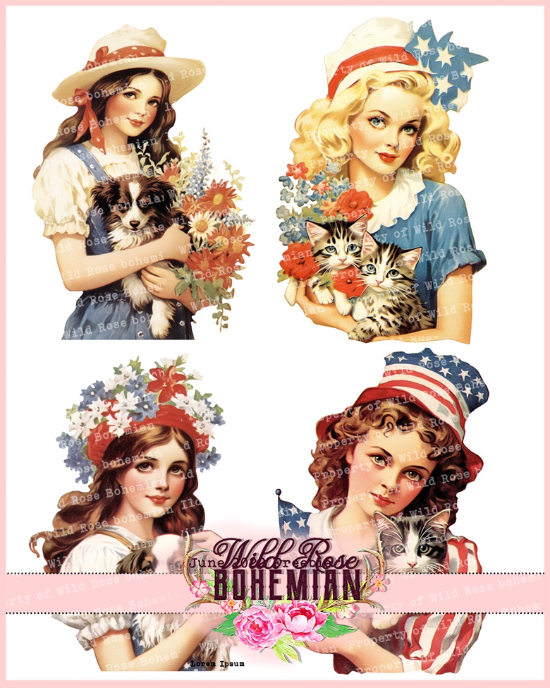 July Fourth Clipart, Patriotic Women With their Pets Fourth of July ...