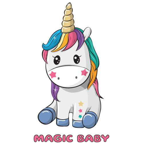 Cute little unicorn girl with coloured hair and words magic baby ...