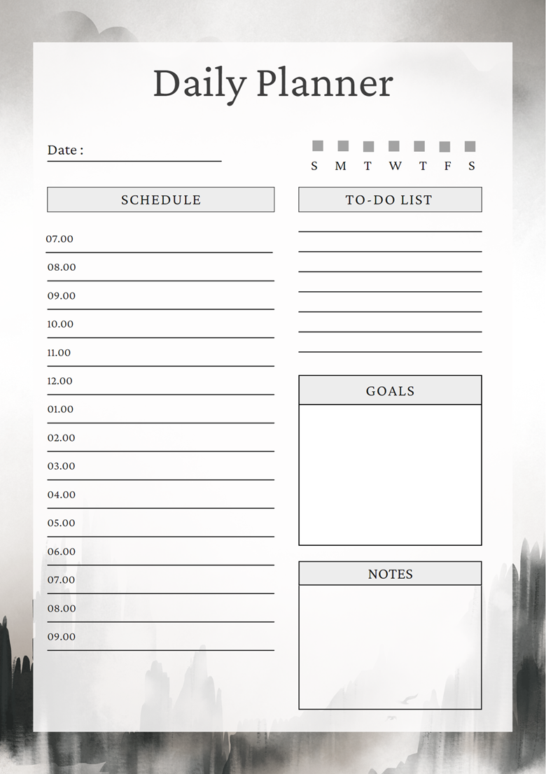 Printable Productivity Planners with Dark Mountains and Blossom Branch ...