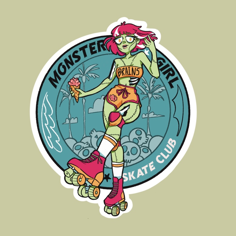 Aufkleber Monster auf dem Skateboard