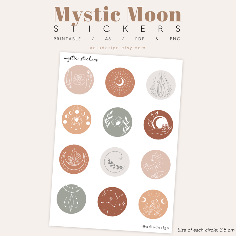 Mystic Moon Stickers Printable - adludesign's Ko-fi Shop - Ko-fi ❤️ Where  creators get support from fans through donations, memberships, shop sales  and more! The original 'Buy Me a Coffee' Page.
