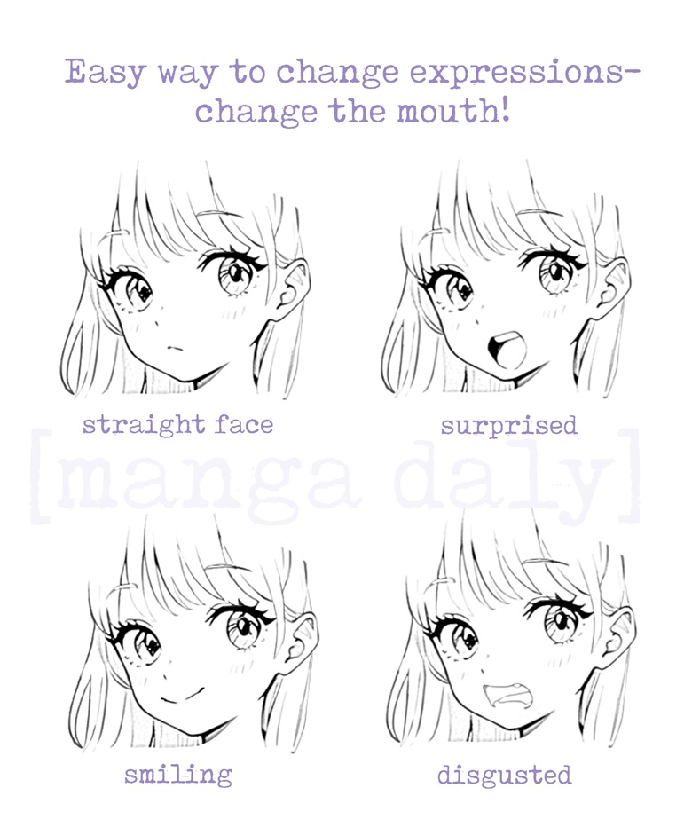 Manga expression. Anime girl facial expressions. Eyes, mouth