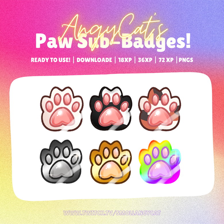 Paw Sub Badges - 6 x Shiny Twitch Sub Badges with Photoshop Files