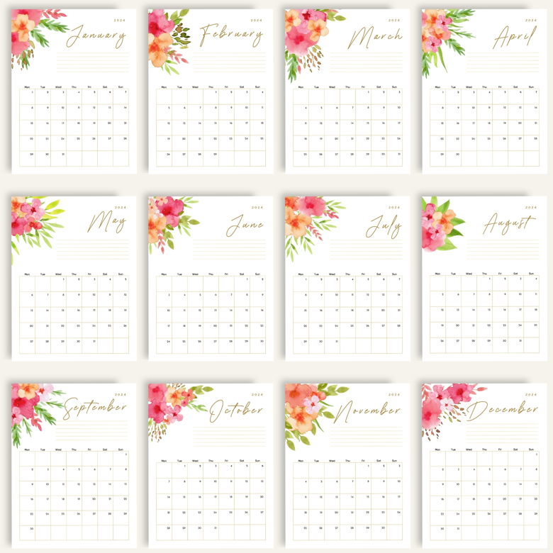 Monthly Calendar Printable 2024: Peachy pink watercolor flowers - DIY ...