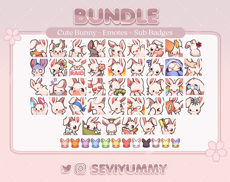 White Bunny Bundle Pack - 42 Emotes & 12 Sub Badges (Twitch/Discord ...