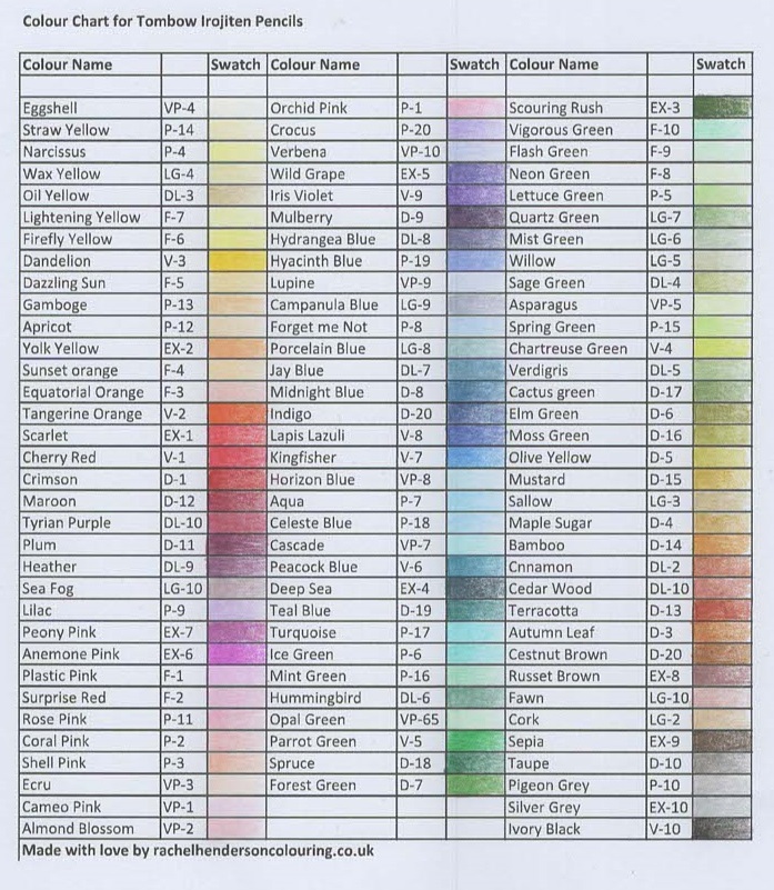 Tombow Irojiten Pencil Colour Chart - Rachel Henderson Colouring's Ko 