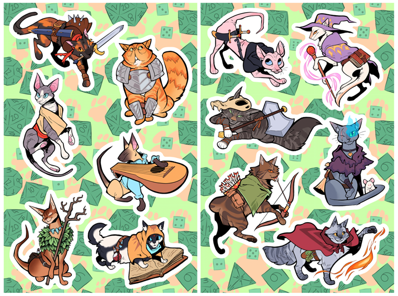 CLASS ACTS! D&D Cats 4x6 kiss cut Sticker Sheets - Scout's Ko-fi Shop