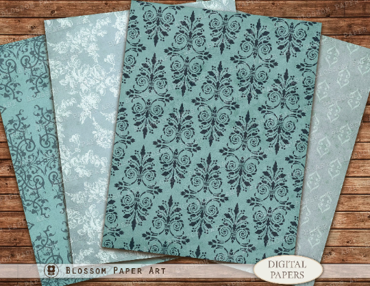 Boho Digital Paper, Blue Junk Journal Printable Papers, Digital ...