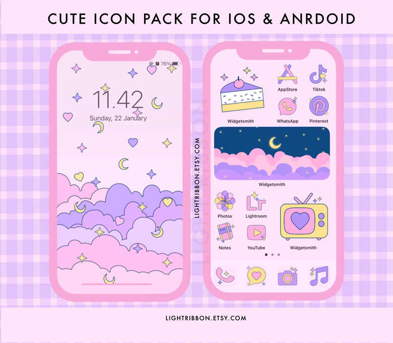 Cute Purple Ios Icons Kawaii Cats Icon Bundle App (Instant