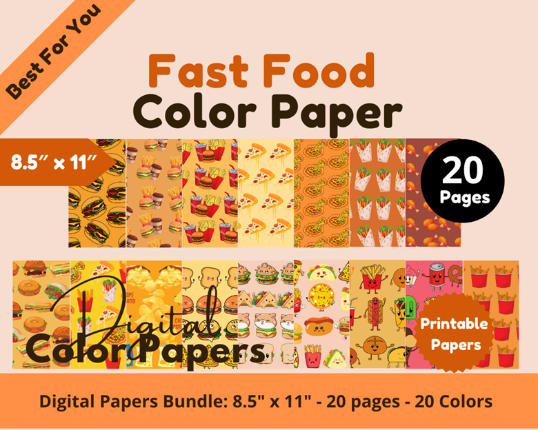 20 Digital Color Papers Fast Food Color Paper 8.5 x 11