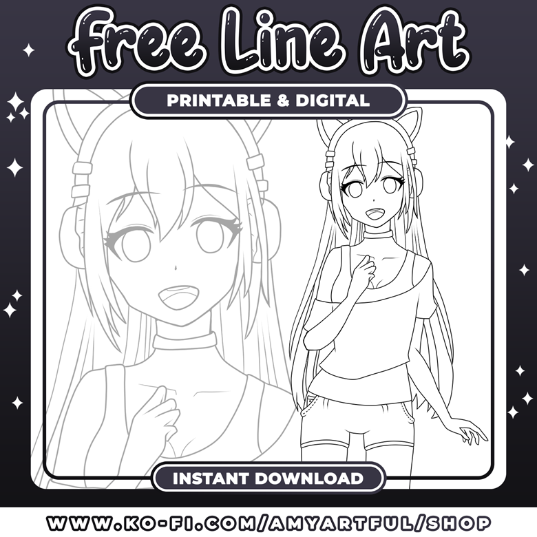 FREE Music Anime Girl Line Art - Printable & Digital Versions - Amy  Artful's Ko-fi Shop - Ko-fi ❤️ Where creators get support from fans through  donations, memberships, shop sales and more!