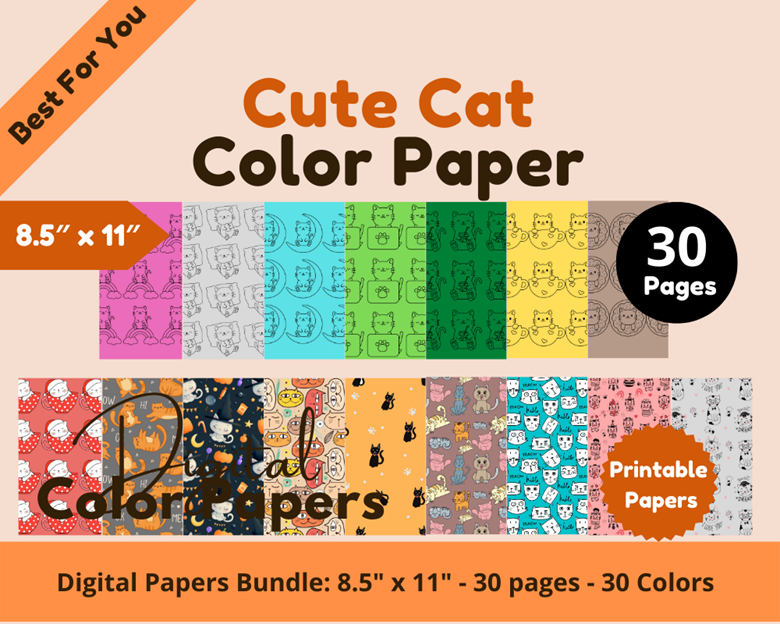 30 Digital Color Papers Cute Cat Color Paper 8.5 x 11* Commercial