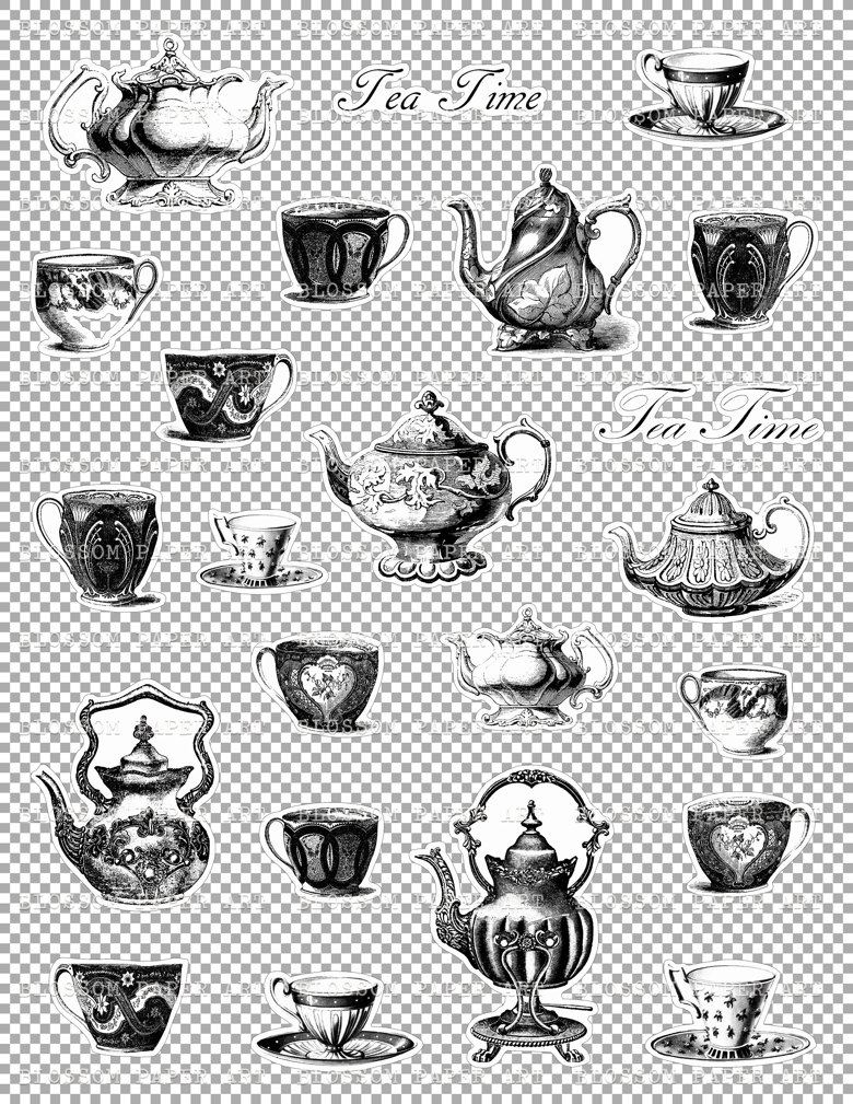 Printable STICKERS Tea Time, Teapot, Cups, Vintage Stickers, Digital ...