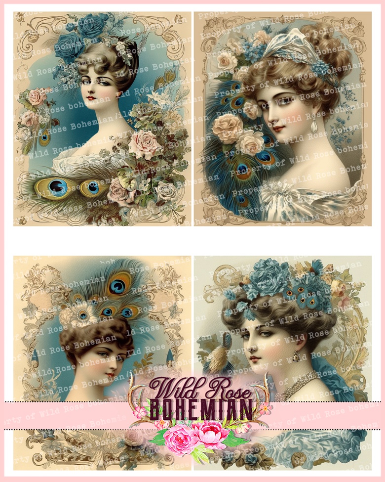 Vintage Women Beauties And Peacocks - Wild Rose Bohemian Junk Journal 