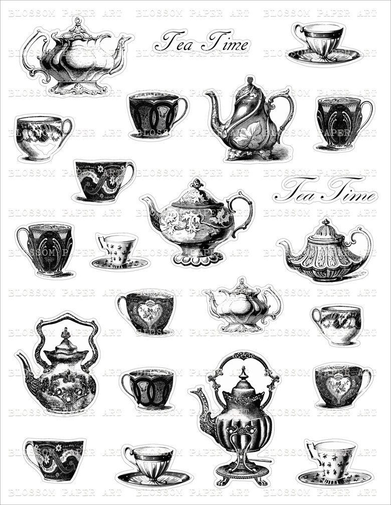 Printable STICKERS Tea Time, Teapot, Cups, Vintage Stickers, Digital ...