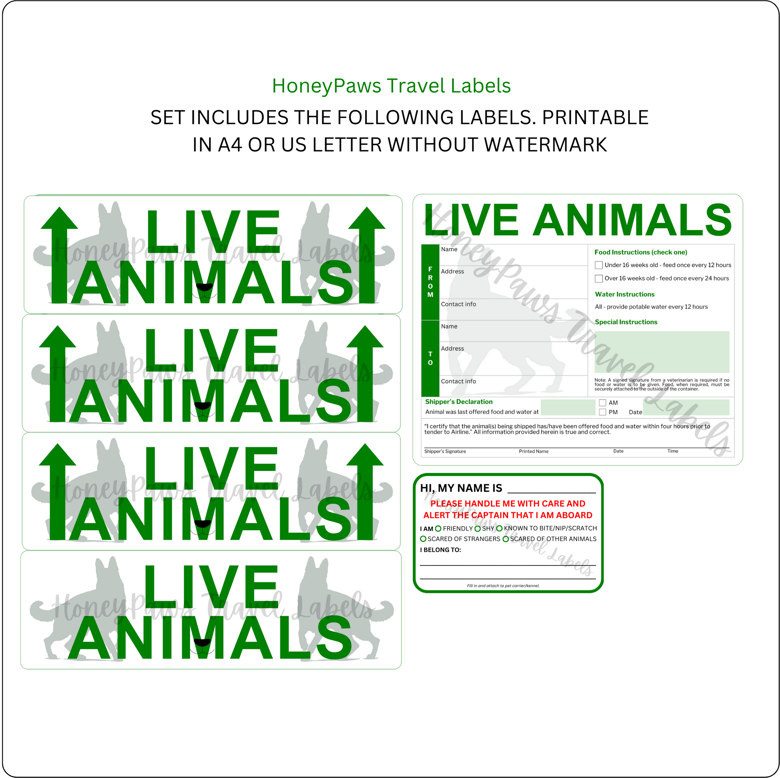 Live Animals Printable Stickers   Pet Air Travel Label Pdf - Dog Design 