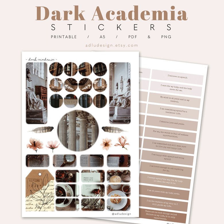 Dark academia aesthetics Stickers, Unique Designs
