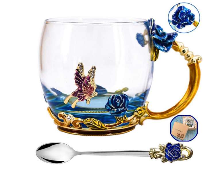 Luka Tech Enamels Butterfly flower Lead-free Glass Coffee Mugs Tea Cup ...