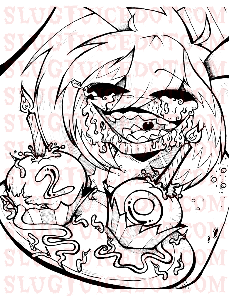 A coloring page of Viscera holding his own eyeballs decorated like cupcakes.