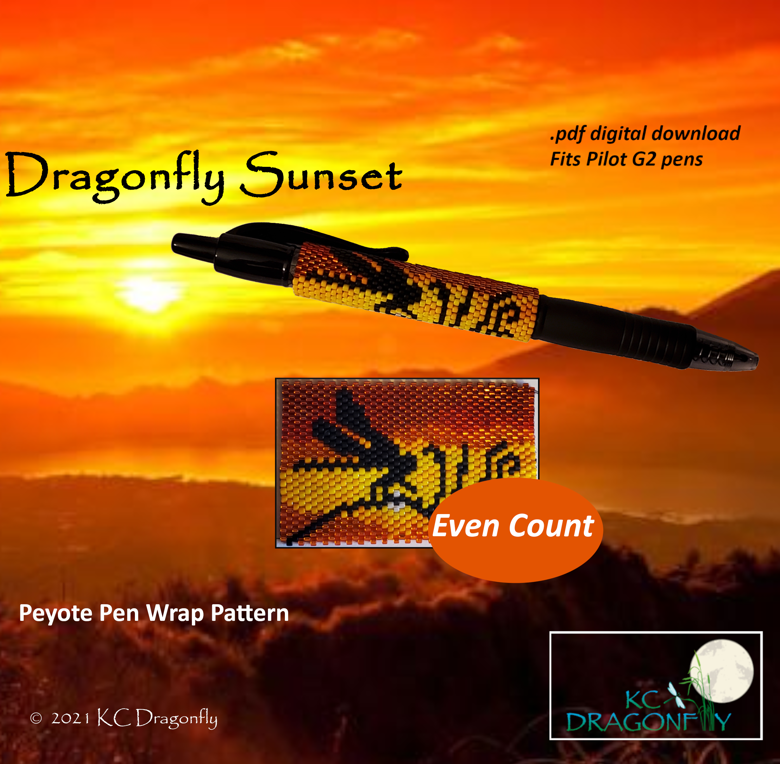 Pen Wrap Pattern - Dragonfly Sunset (peyote stitch/even count) - KC Dragonfly's Ko-fi Shop - Ko-fi ❤️ Where creators get support from fans through donations, memberships, shop sales and more! The original ' dragonfly-flutter-peyote-pattern-lost-in-paradise-designs