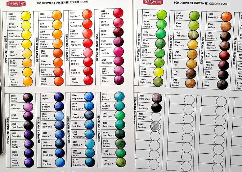 Derwent Inktense 100 pencils Color Chart Barbara Colour's Kofi Shop