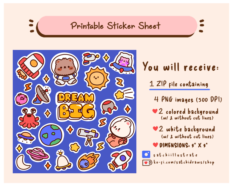 CUTE COSMOS PRINTABLE STICKER SHEET - satchiillustrate's Ko-fi Shop