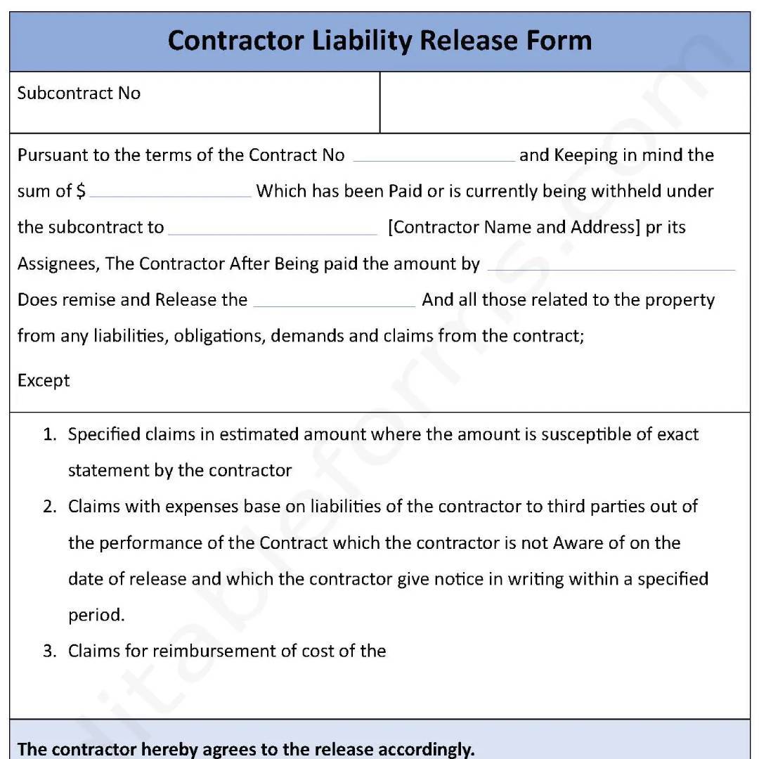 Contractor Liability Release Fillable PDF Template - Editable Forms's ...