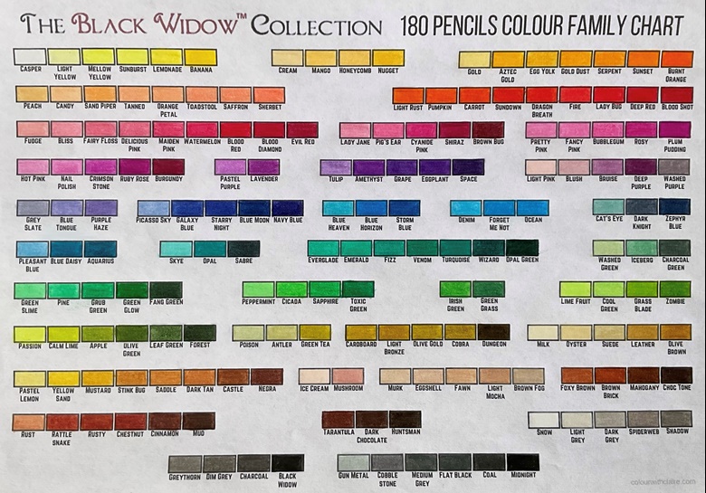 Free Black Widow Colored Pencils 180 Swatch 1-Page Chart