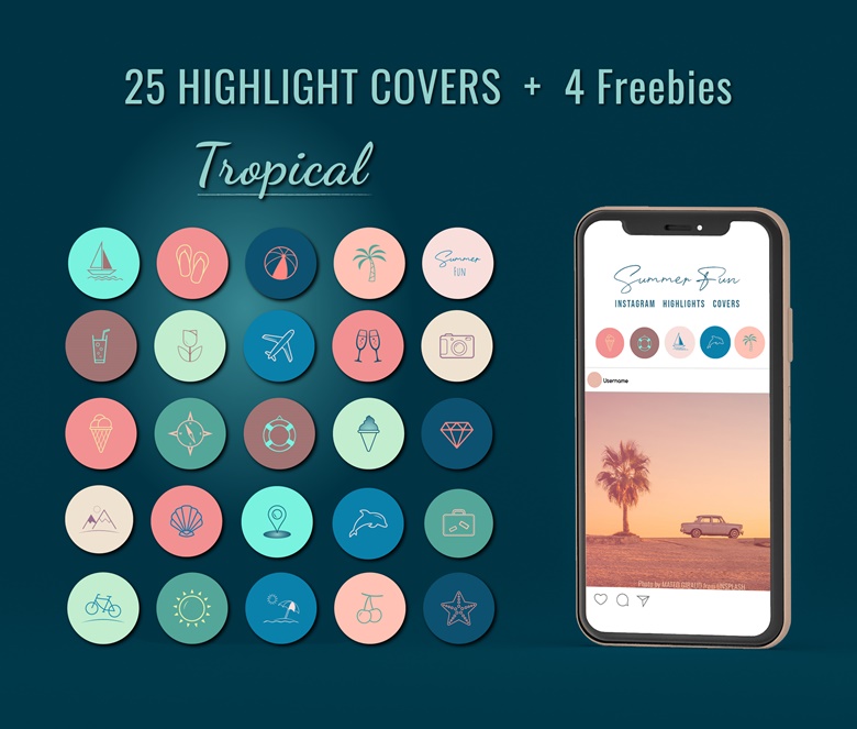 25 Tropical Line Art Instagram Highlight Covers / Teal /Turquoise ...