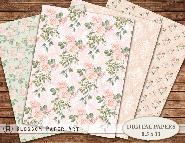 Rose Digital Paper, Floral Scrapbook Paper, Shabby Roses Collage Sheet 