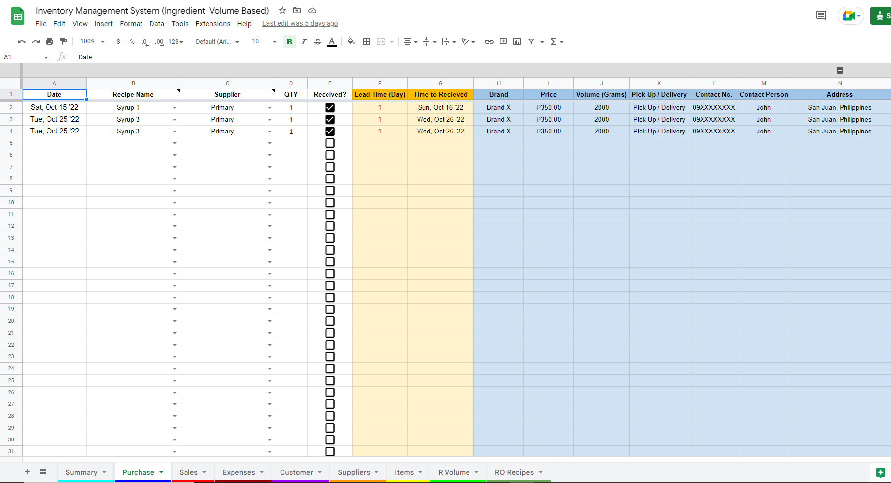 Inventory Management System (Ingredient-Volume Based) - Google Sheets ...