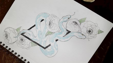 Double headed snake and peonies with eyes