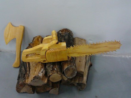 Wooden Chainsaw and Axe Sculpture