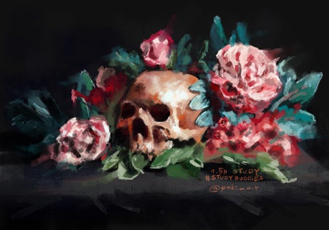 skull and flowers - still life study