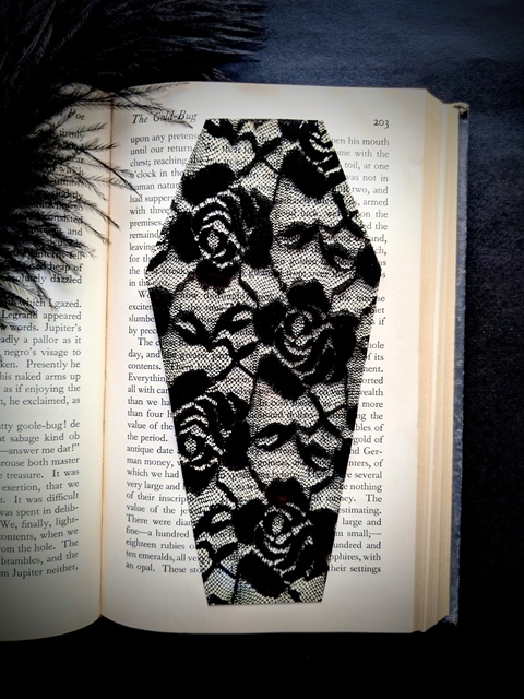 Clear bookmark - black lace coffin