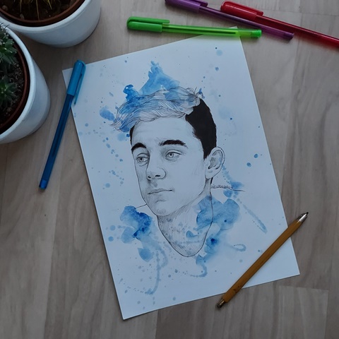 Portrait of Crankgameplays with blue watercolour splatter - Sokodraws's ...