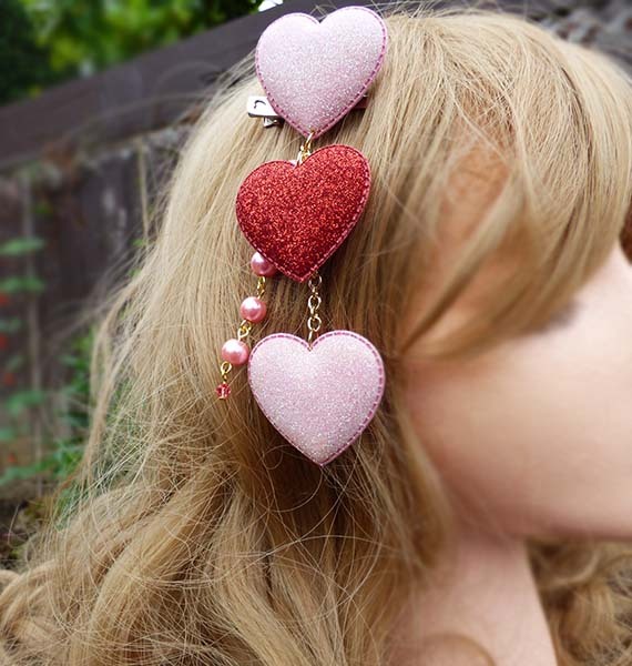 Cute 3 hearts and pearls hair clip barrette or brooch pin