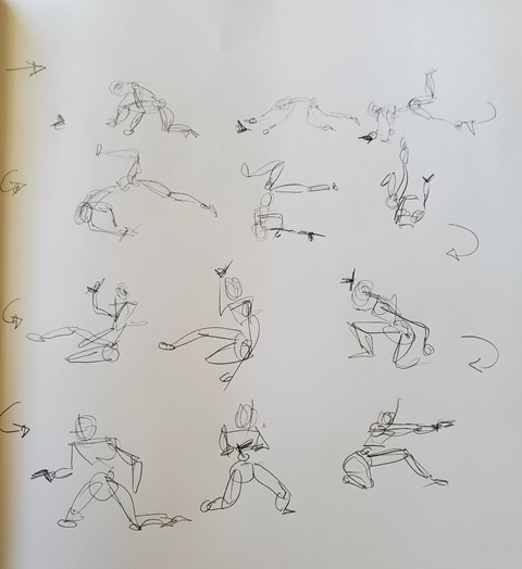 Series of rough action sketches. 