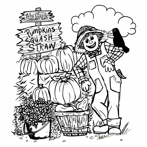 Scarecrow and Pumpkins Coloring Page