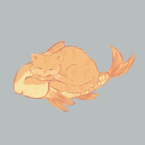 A cat sleeping on top of a goatfish